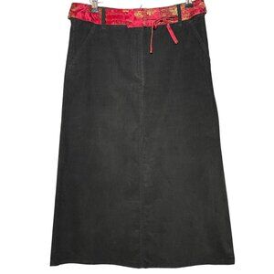 Vintage White Stag Black Corduroy Midi Skirt W/ Red Brocade Waistband Size 12